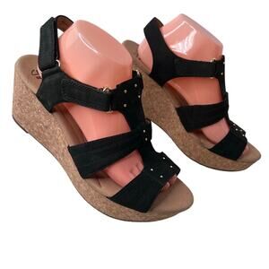 Clarks Annadel Orchid 3" Wedge Sandal Nubuck Studded in Black Boho Women's 11W